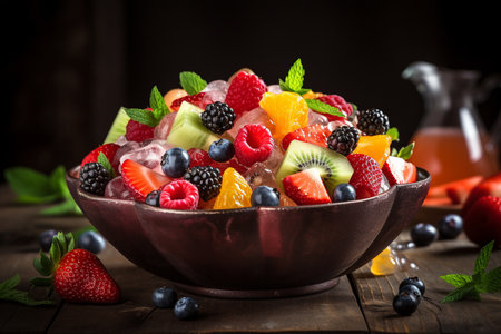 An Generative AI: Still Life Close-up Vibrant Image of Fresh Mixed Fruit Salad on a Rustic Tableの素材