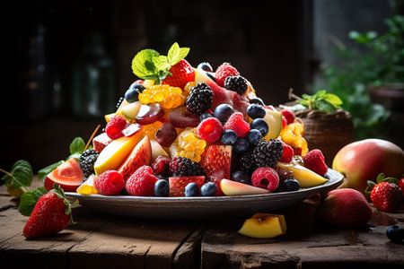 An Generative AI: Still Life Close-up Vibrant Image of Fresh Mixed Fruit Salad on a Rustic Tableの素材