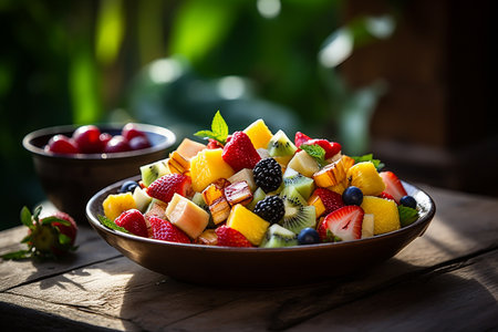An Generative AI: Still Life Close-up Vibrant Image of Fresh Mixed Fruit Salad on a Rustic Tableの素材