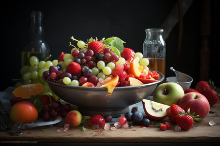 An Generative AI: Still Life Close-up Vibrant Image of Fresh Mixed Fruit Salad on a Rustic Tableの素材