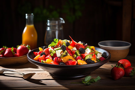 An Generative AI: Still Life Close-up Vibrant Image of Fresh Mixed Fruit Salad on a Rustic Tableの素材