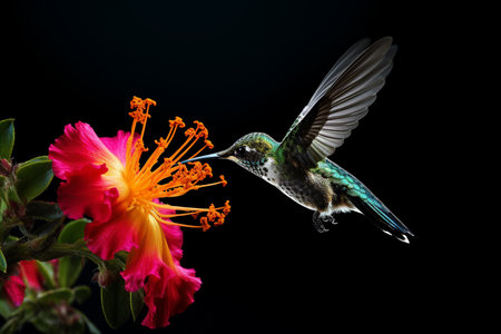 an Generative AI: Macro Shot of a Hummingbird Sipping Nectar from a Vibrant Tropical Flowerの素材