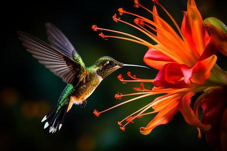 an Generative AI: Macro Shot of a Hummingbird Sipping Nectar from a Vibrant Tropical Flowerの素材