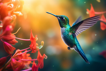 an Generative AI: Macro Shot of a Hummingbird Sipping Nectar from a Vibrant Tropical Flowerの素材