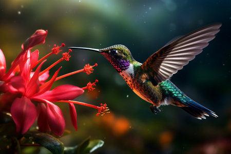 an Generative AI: Macro Shot of a Hummingbird Sipping Nectar from a Vibrant Tropical Flowerの素材