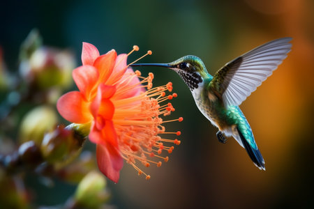 an Generative AI: Macro Shot of a Hummingbird Sipping Nectar from a Vibrant Tropical Flowerの素材