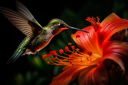 an Generative AI: Macro Shot of a Hummingbird Sipping Nectar from a Vibrant Tropical Flowerの素材