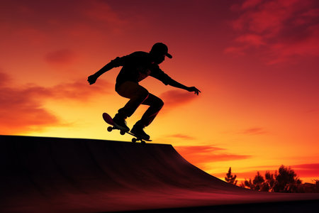 An Generative AI: Dynamic Shot of a Skateboarder Performing a Trick in a City Skate Park at Sunsetの素材