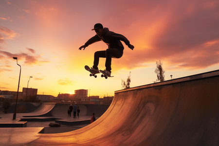 An Generative AI: Dynamic Shot of a Skateboarder Performing a Trick in a City Skate Park at Sunsetの素材