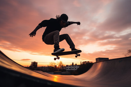 An Generative AI: Dynamic Shot of a Skateboarder Performing a Trick in a City Skate Park at Sunsetの素材