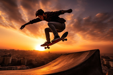 An Generative AI: Dynamic Shot of a Skateboarder Performing a Trick in a City Skate Park at Sunsetの素材