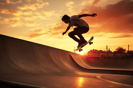 An Generative AI: Dynamic Shot of a Skateboarder Performing a Trick in a City Skate Park at Sunsetの素材