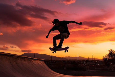 An Generative AI: Dynamic Shot of a Skateboarder Performing a Trick in a City Skate Park at Sunsetの素材