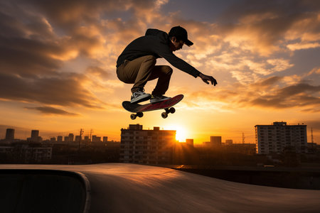 An Generative AI: Dynamic Shot of a Skateboarder Performing a Trick in a City Skate Park at Sunsetの素材