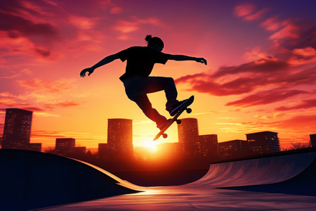 An Generative AI: Dynamic Shot of a Skateboarder Performing a Trick in a City Skate Park at Sunsetの素材