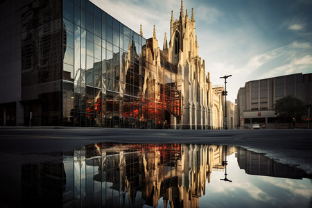 An Contrasting Style of Ancient Cathedral Reflection in Modern Glass Buildingの素材