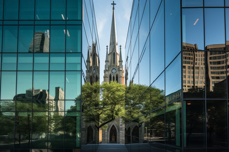 An Contrasting Style of Ancient Cathedral Reflection in Modern Glass Buildingの素材