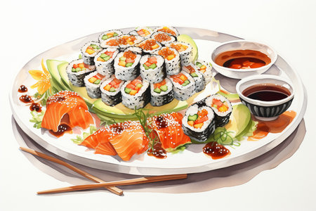 An Watercolor Delicacy: Artistically Arranged Delicious Sushi Platterの素材