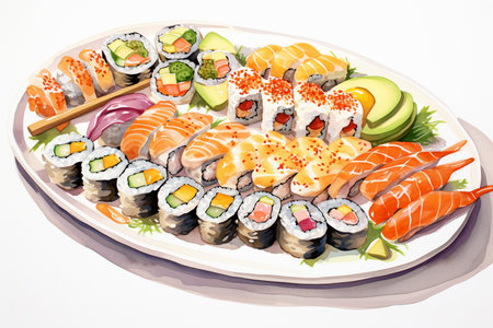 An Watercolor Delicacy: Artistically Arranged Delicious Sushi Platterの素材