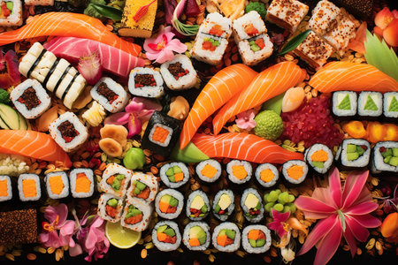 An Watercolor Delicacy: Artistically Arranged Delicious Sushi Platterの素材