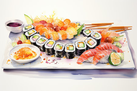 An Watercolor Delicacy: Artistically Arranged Delicious Sushi Platterの素材