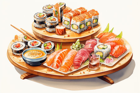 An Watercolor Delicacy: Artistically Arranged Delicious Sushi Platterの素材
