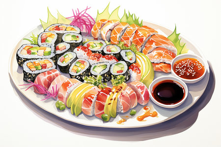 An Watercolor Delicacy: Artistically Arranged Delicious Sushi Platterの素材