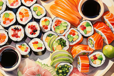 An Watercolor Delicacy: Artistically Arranged Delicious Sushi Platterの素材