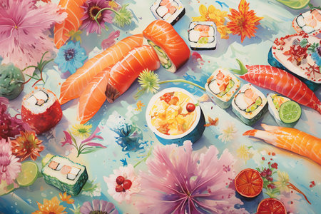 An Watercolor Delicacy: Artistically Arranged Delicious Sushi Platterの素材