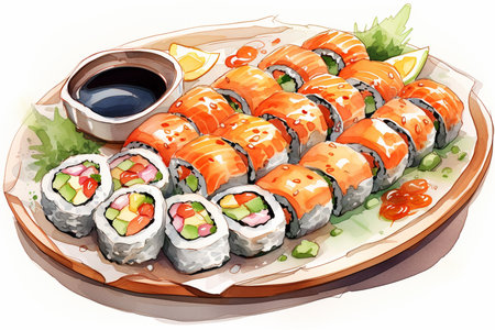 An Watercolor Delicacy: Artistically Arranged Delicious Sushi Platterの素材
