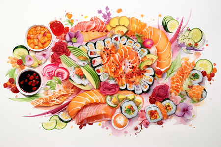 An Watercolor Delicacy: Artistically Arranged Delicious Sushi Platterの素材