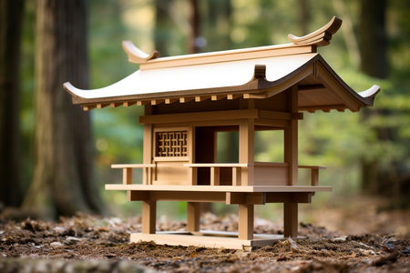 An Minimalist Serenity: Traditional Japanese Wooden Shinto Shrine in a Serene Settingの素材