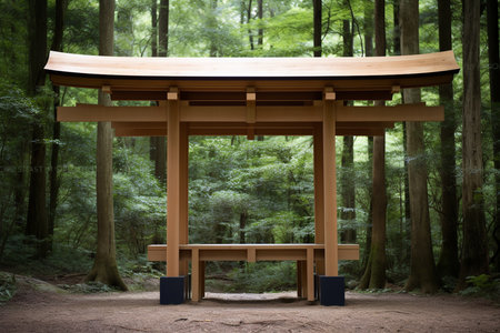 An Minimalist Serenity: Traditional Japanese Wooden Shinto Shrine in a Serene Settingの素材