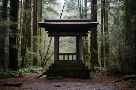 An Minimalist Serenity: Traditional Japanese Wooden Shinto Shrine in a Serene Settingの素材