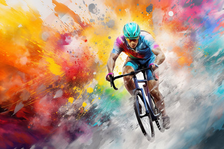An Abstract Motion: Cyclist in Action on a Dynamic Colorful Backgroundの素材