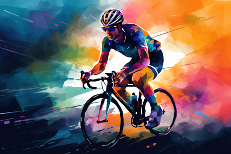 An Abstract Motion: Cyclist in Action on a Dynamic Colorful Backgroundの素材