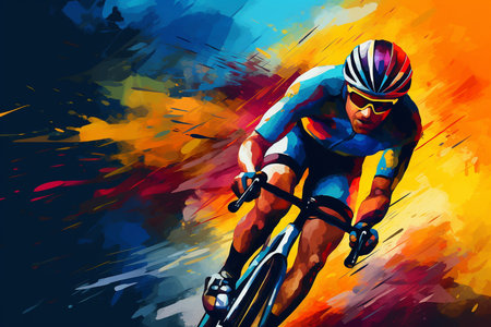 An Abstract Motion: Cyclist in Action on a Dynamic Colorful Backgroundの素材