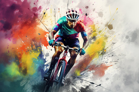 An Abstract Motion: Cyclist in Action on a Dynamic Colorful Backgroundの素材