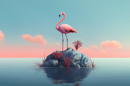 An Surrealism: Flamingo with Peacock Feathers on Floating Rockの素材