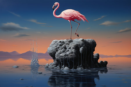 An Surrealism: Flamingo with Peacock Feathers on Floating Rockの素材