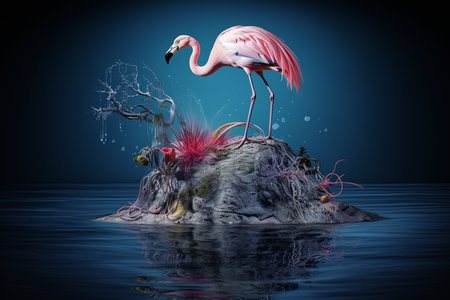 An Surrealism: Flamingo with Peacock Feathers on Floating Rockの素材
