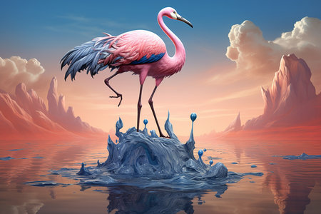 An Surrealism: Flamingo with Peacock Feathers on Floating Rockの素材