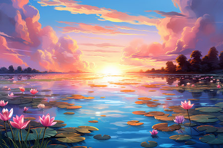 An Impressionist Environment: Sunset Over Peaceful Lakeの素材