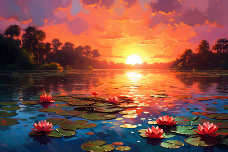 An Impressionist Environment: Sunset Over Peaceful Lakeの素材