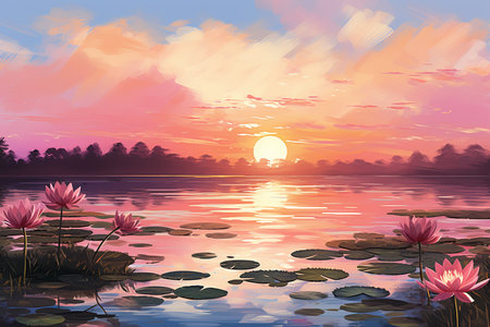 An Impressionist Environment: Sunset Over Peaceful Lakeの素材