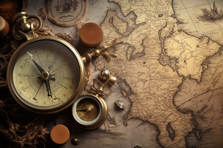 An Vintage Travel: Old Map with Compass and Binocularsの素材