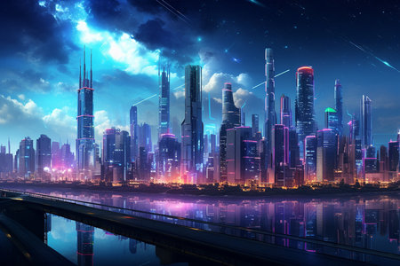 An Cyberpunk Technology: Futuristic City Skyline with Neon Lightsの素材