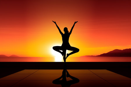 An High Contrast Fitness: Woman Doing Yoga at Sunriseの素材