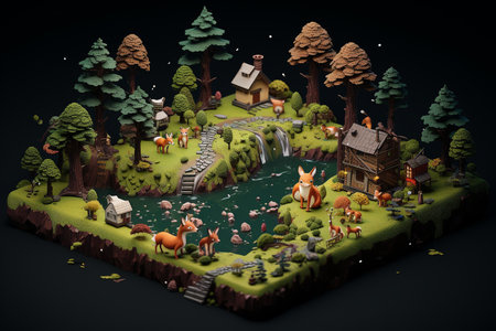 An Isometric Nature: Miniature Forest Scene with Animalsの素材