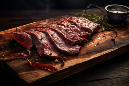 A Photorealistic Food: Close-up of Dried Beef on Wooden Boardの素材